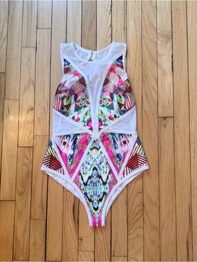 One-Piece Swimsuit White with Multicolor Geometric tie dye Print